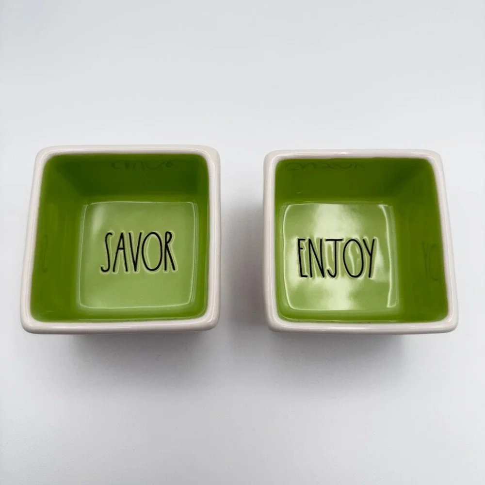 Rae Dunn Savor‎ and Enjoy Square Bowl Set Green White Ceramic 2pc
